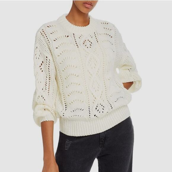 NWT LINE AND DOT Women’s Cream Chunky Cableknit Crew Neck Bubble Sleeve Sweater - Picture 1 of 9